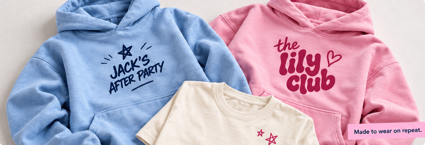A baby-blue hoodie printed “Jack’s After Party” with a hand-drawn star.