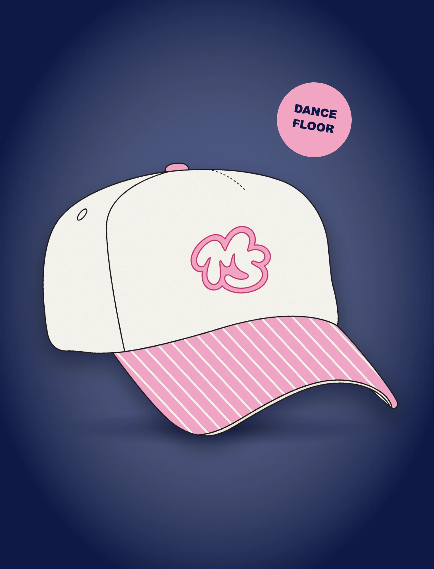 A cream cap with a pink-and-cream striped brim and a pink MS patch on the front