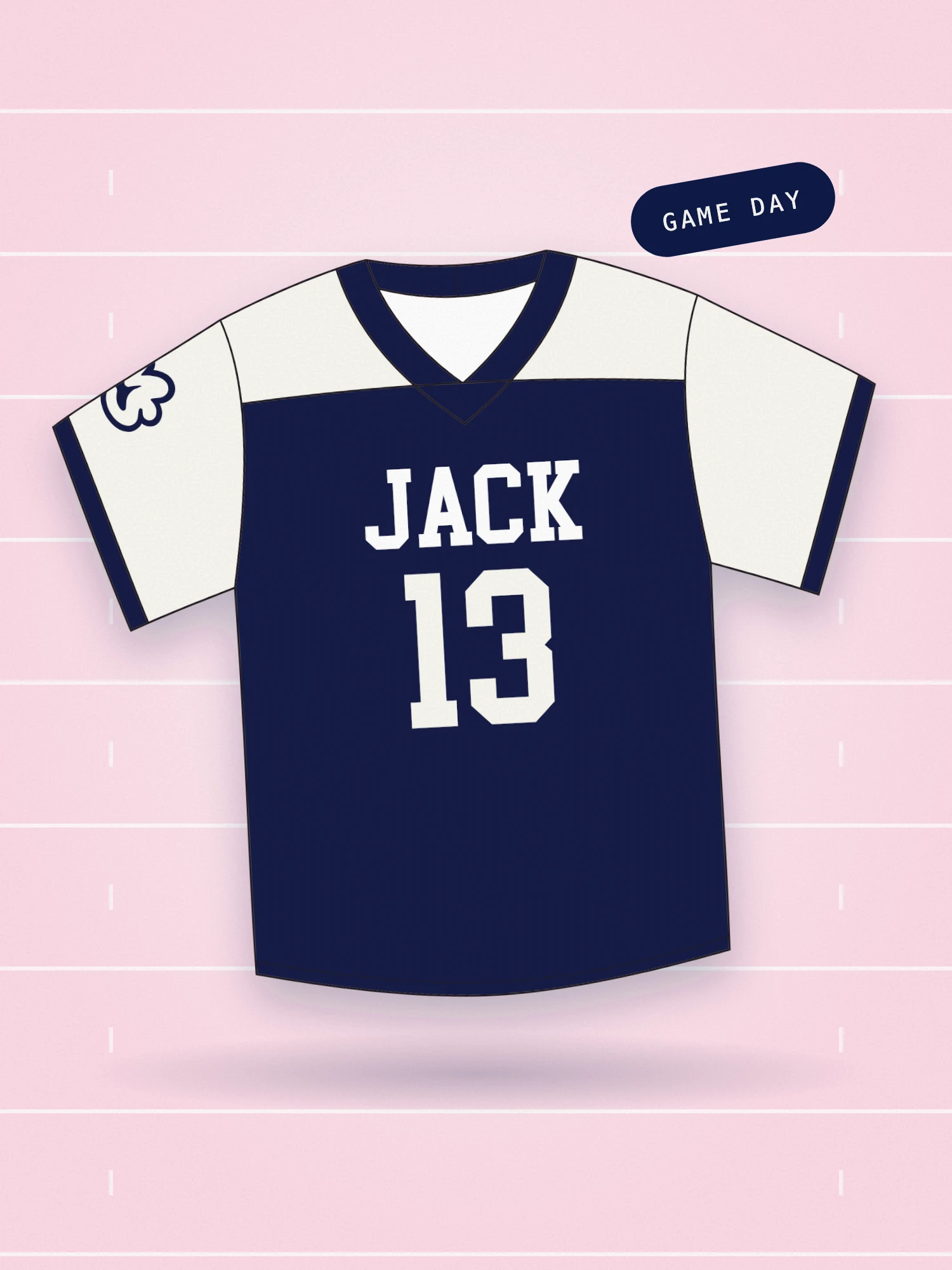 A navy football jersey with cream sleeves, JACK and the number 13 across the front