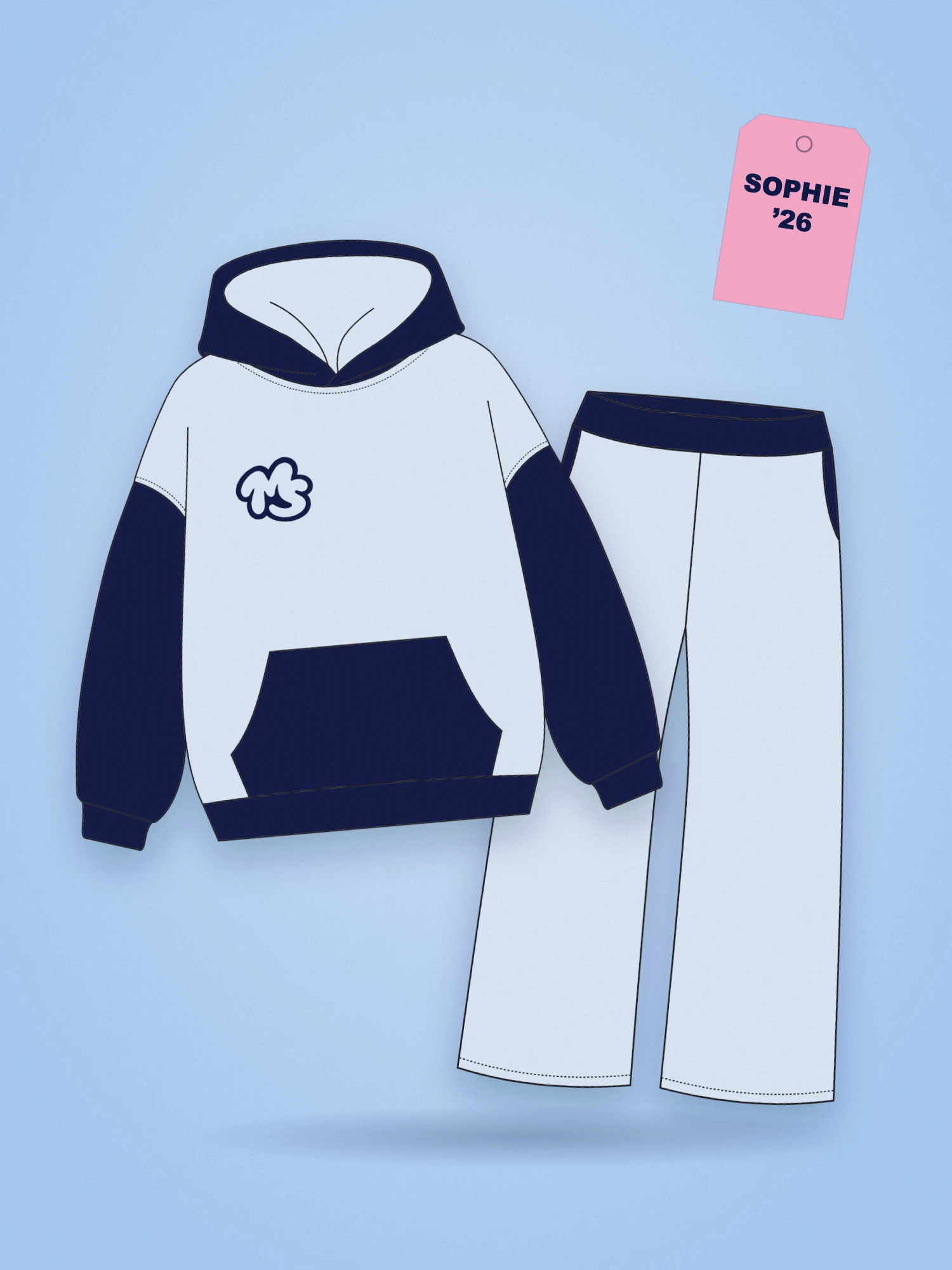 A matching sweatset: a pale-blue hoodie with navy sleeves, hood and pocket over matching pale-blue sweatpants